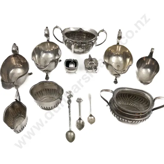 Box of Assorted Silver Plated Sugar Bowls and Gravy Boats Etc