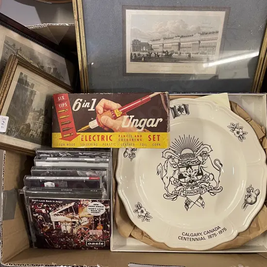 Box Lot of Assorted incl Framed Book Plates & Vintage Soldering Set