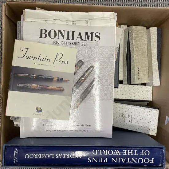 Quantity of Assorted Fountain Pen Auction Catalogues with Parker Pen Boxes etc