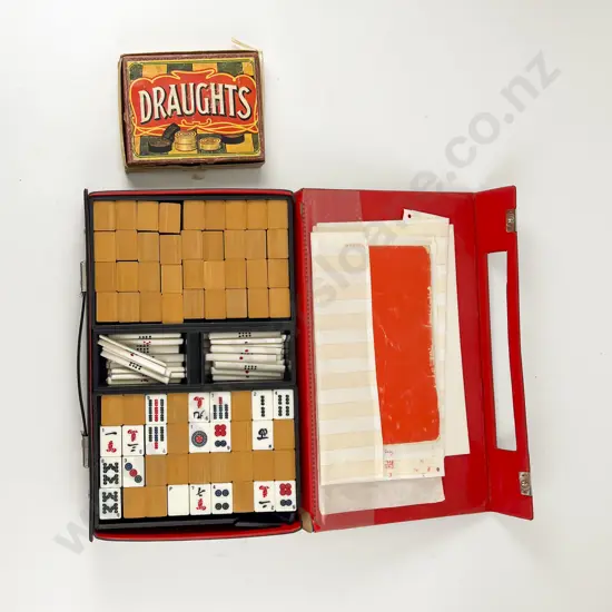 Portable Carry Case Bamboo and Plastic Mah Jong set and Vintage Draughts