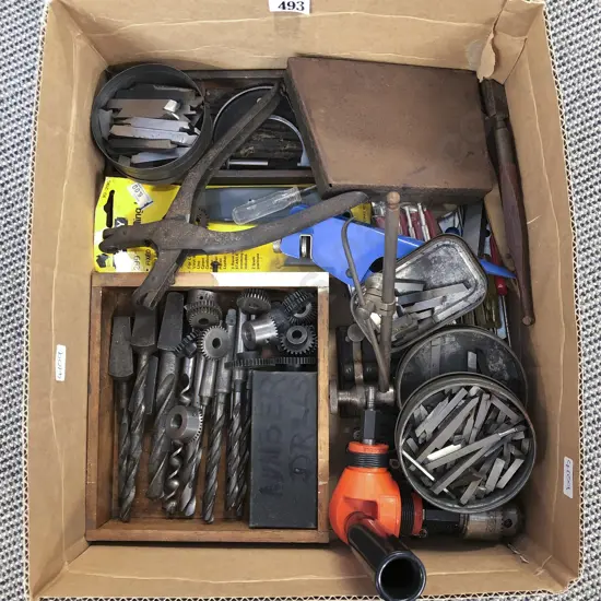 Box of Assorted Drill Bits and Steel Tools etc