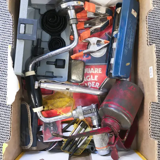Box of Assorted Vintage Tools & Accessories