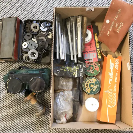 Box of Assorted Vintage Tools & Accessories