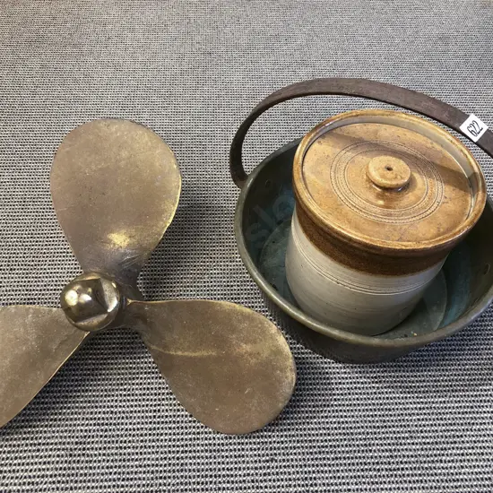 Brass Jam Pan and Brass Propeller together with Small Stoneware Crock (faults)