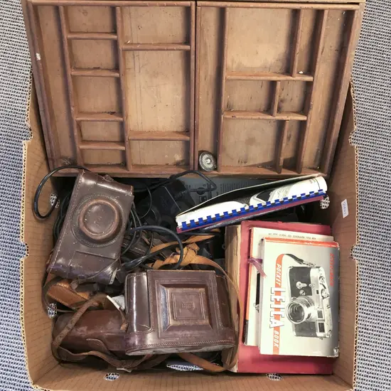 Box of Assorted Vintage Camera Accessories Including Leica Case etc