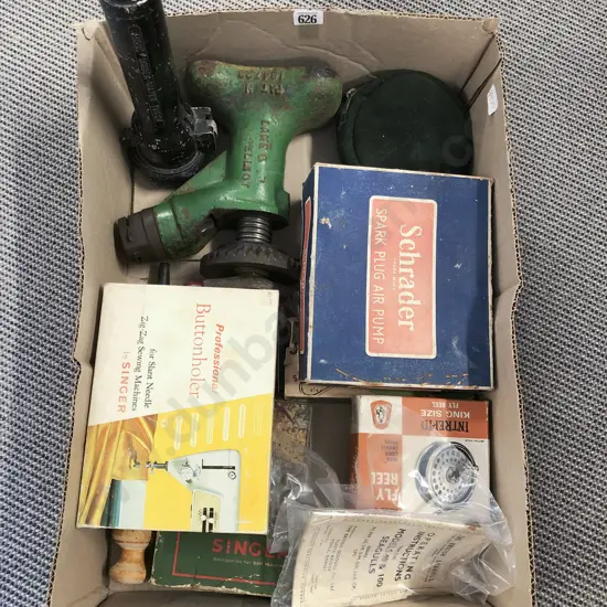 Box of Assorted Vintage Including Buttonholer and Underwater Torch etc
