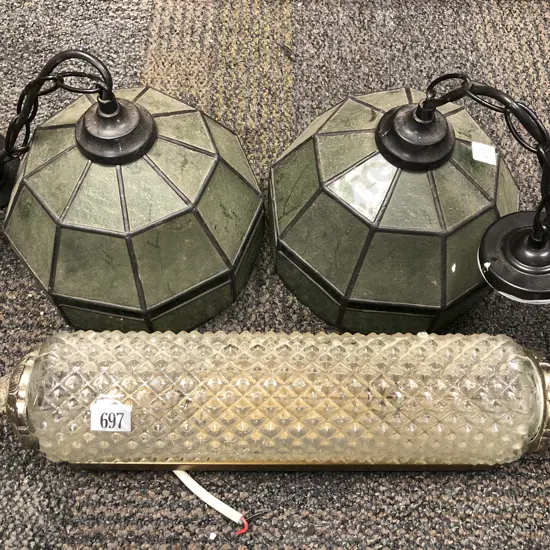 Pair of Leadlight Pendant Lights together with Vintage Bracket Light