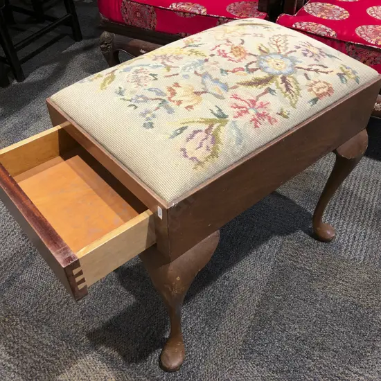 Mahogany Tapestry Seated Piano Stool with Pullout Drawer