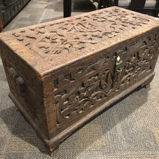 Carved Camphor Wood Chest with Dragon Decorations