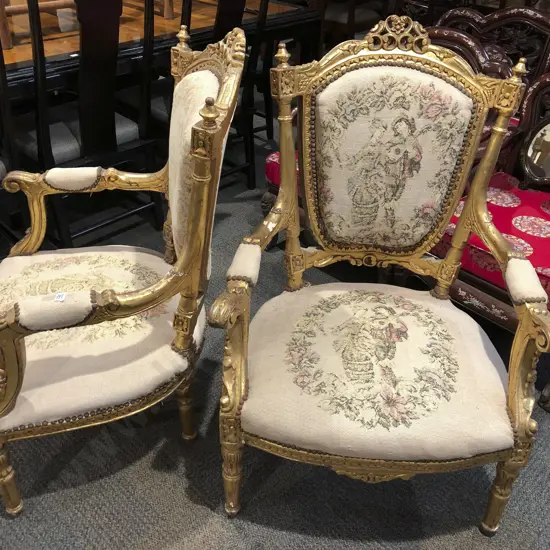 Pair of French Style Gilt Painted Bergere Armchairs