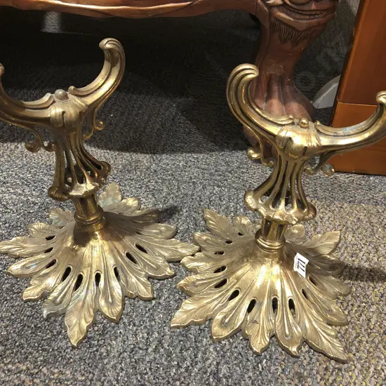 Pair of Ornate Heavy Brass Fire Dogs