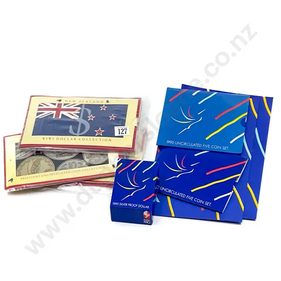 NZ 1990 Commemorative $10 Notes x2 Unc Coin Sets x2 Unc $1 Unc Five Coin Sets x2 Proof $1