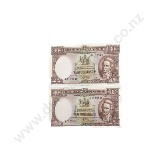 NZ Two Unc Consecutive Ten Shilling Bank Notes signed Fleming