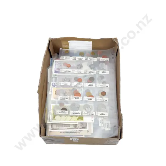 Collection Medal and Token Folders with some World Coinage and Bank Notes