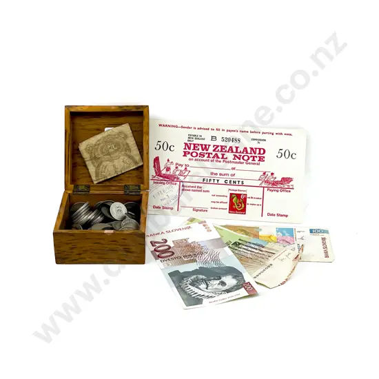 NZ 1975 50c Postal Note with Small Qty Pocket Change Coinage