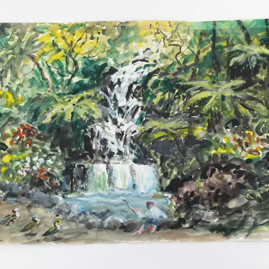 Bernard Aris (1887 - 1977) - Figure Fishing Near Waterfall (unframed)