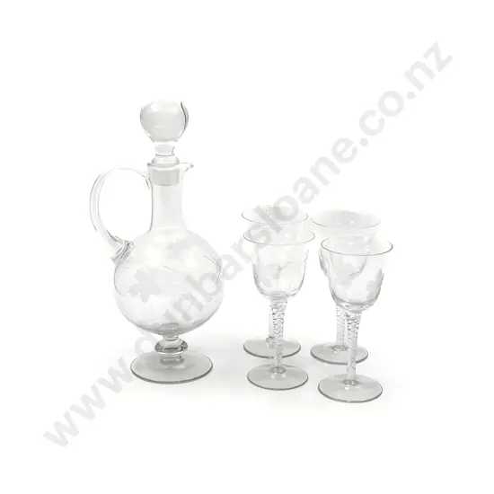 Etched Glass Ewer and Five Matching Goblets