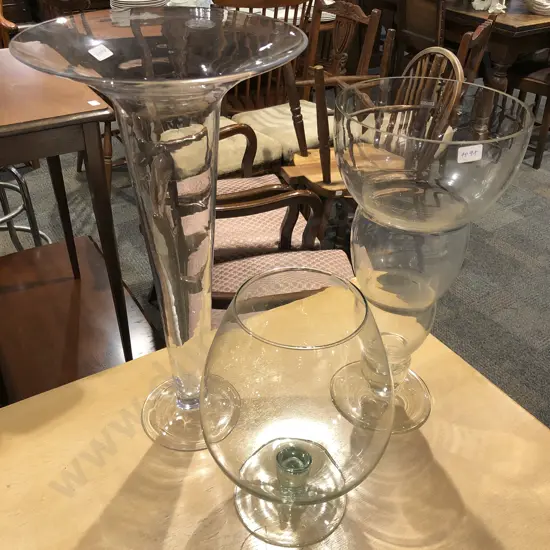 Two Large Glass Vases together with Novelty Sized Brandy Balloon