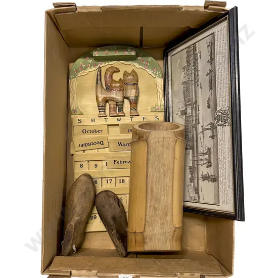 Two Children's Sized Shoe Lasts with Decorative Wooden Calendar etc