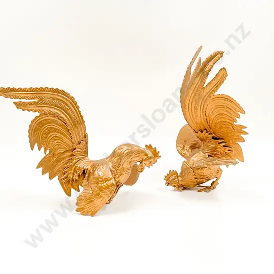 Pair of Gilt Painted Metal Fighting Roosters