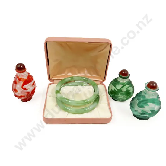 Three Glass Snuff Bottles with Pair of Hardstone Bracelets