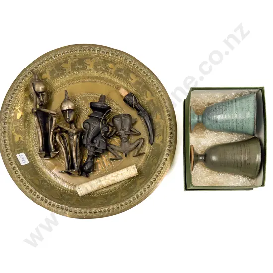 Two Pottery Goblets together with Figures on Brass Tray