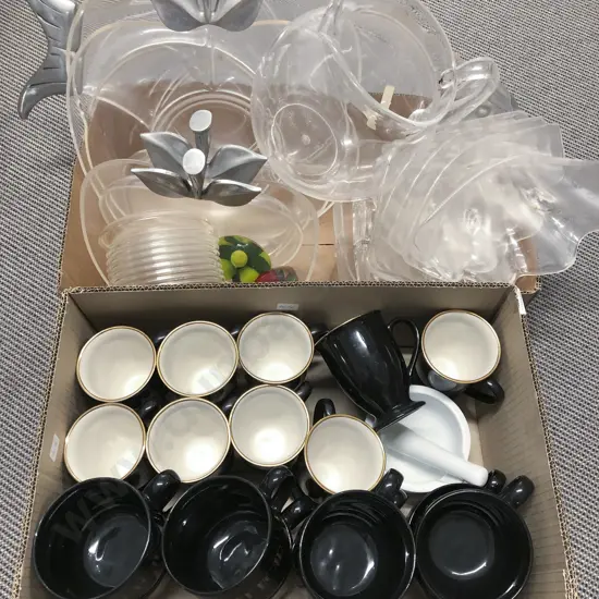 Two Boxes of Assorted Plastic Serving ware and Kitchen Crockery