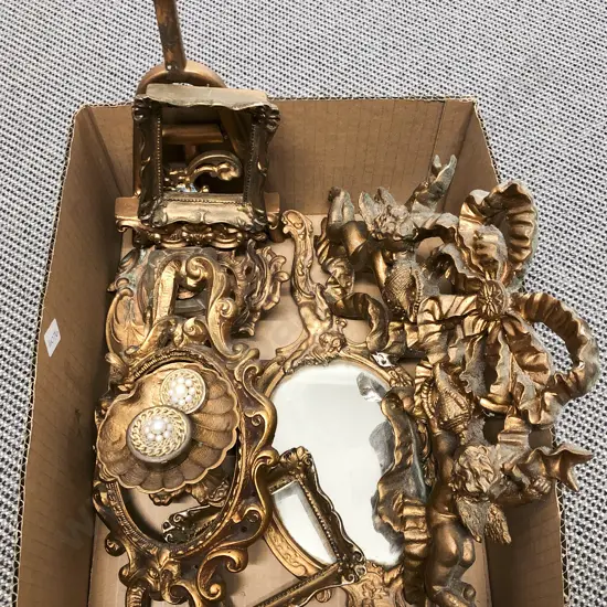 Box of Assorted Gilt Painted Ornaments etc