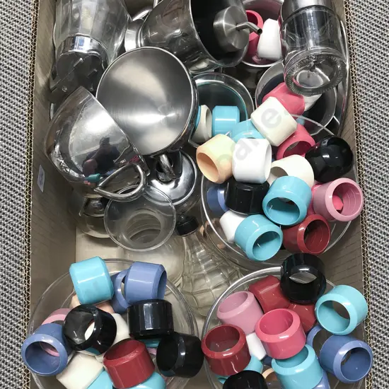 Box of Assorted Kitchenware and Napkin Rings