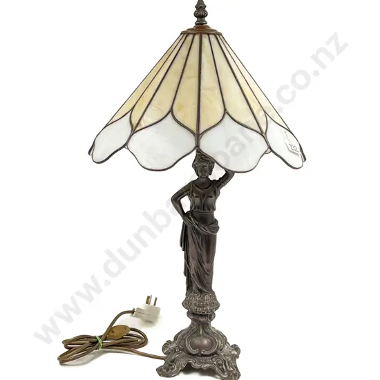 Cast Metal Figural Table Lamp with Leadlight Shade