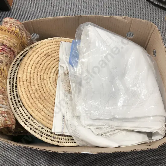 Box Quantity of Vintage Linen & Assorted Table Ware