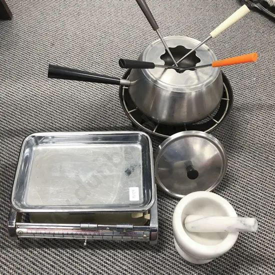 Marble Mortar & Pestle Together with Vintage Fondue etc