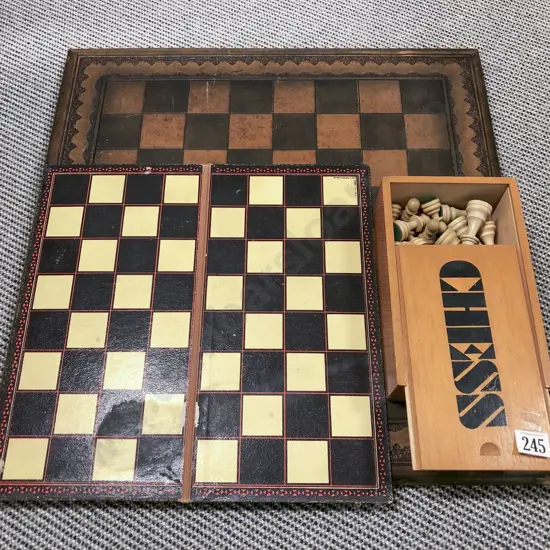 Vintage Leather Chess Board together Chess Set & Other