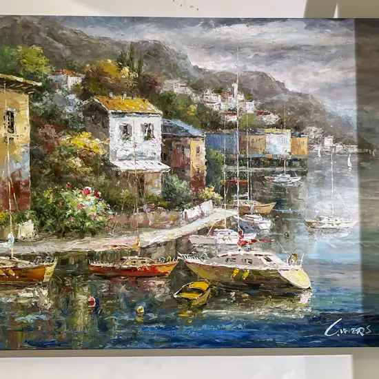 Indistinctly Signed - Large Mediterranean Oil on Canvas Harbour Scene