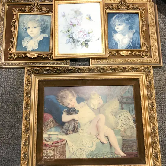 Three Gilt Framed Prints together with Bird Study Painted on Glass (Faults)