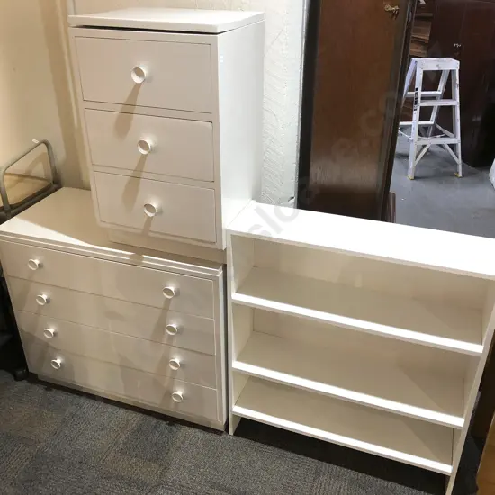 Two Piece White Painted Bedroom Suite Together with Associated Low Bookshelf