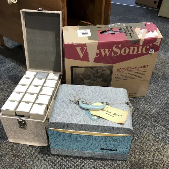 Vintage Slide Projector Together with Case of Assorted Slides and Boxed LCD Computer Monitor