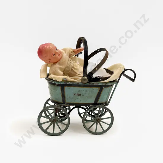 Antique Painted Tinplate Small Doll Pram