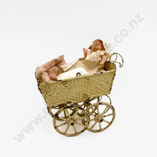 Antique Painted Tinplate Doll Pram