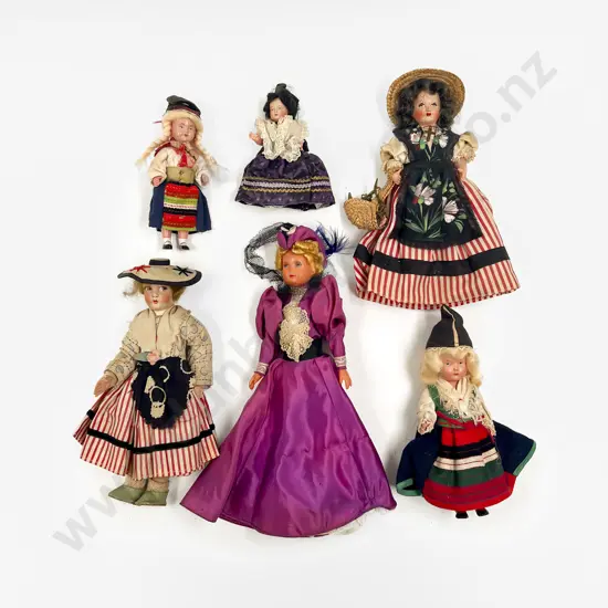 Collection Six Vintage Celluloid and Cloth National Costume Dolls