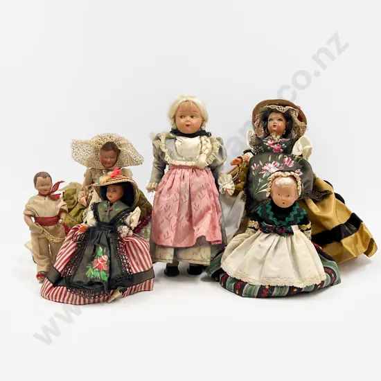 Collection Six Vintage Celluloid and Cloth National Costume Dolls