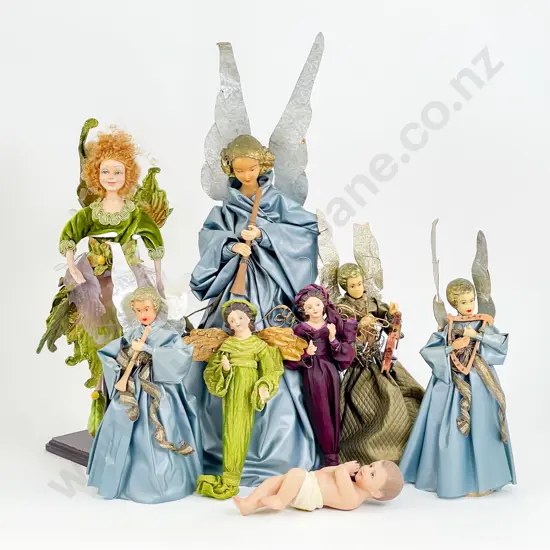 Four Fola German Wax Shoulder Plate Angels and Composition Christ Child Group