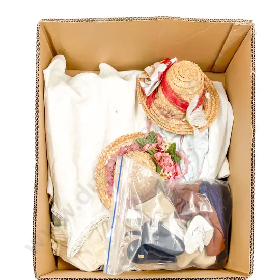 Qty Vintage Medium Doll Size Clothes with Straw Hats Shoes and Socks