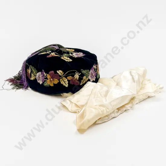 Gents Velvet Violet Embroidered Smoking Cap and Satin Scarf