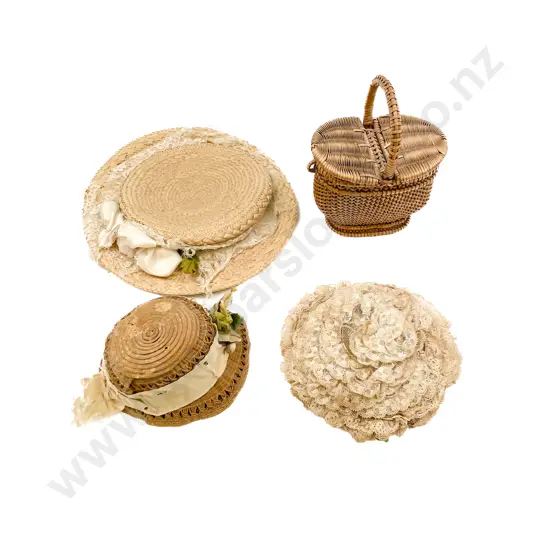 Three Vintage Doll Hats and Basket