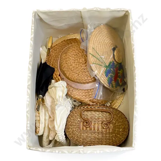 Collection Larger Doll Hats Bonnets Basket and Umbrella