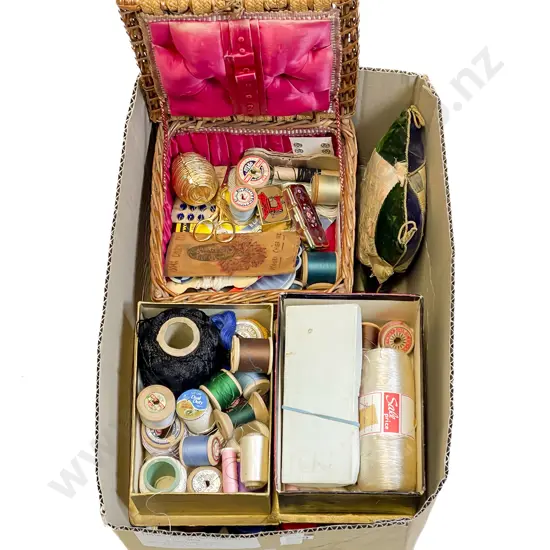Vintage Sewing Basket with Accessories and qty cottons and silks