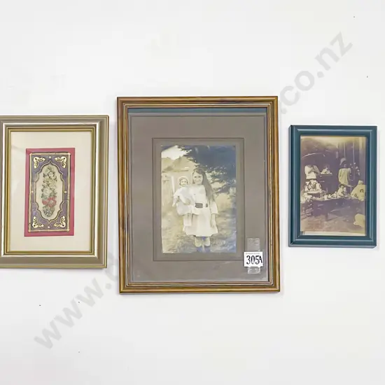 Two Vintage Photographs of Dolls ans Petit-point Tapestry Panel