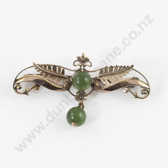 NZ 9ct Greenstone Fern Brooch