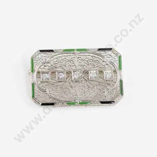 Art Deco Style Five Stone Diamond and Enamel Brooch